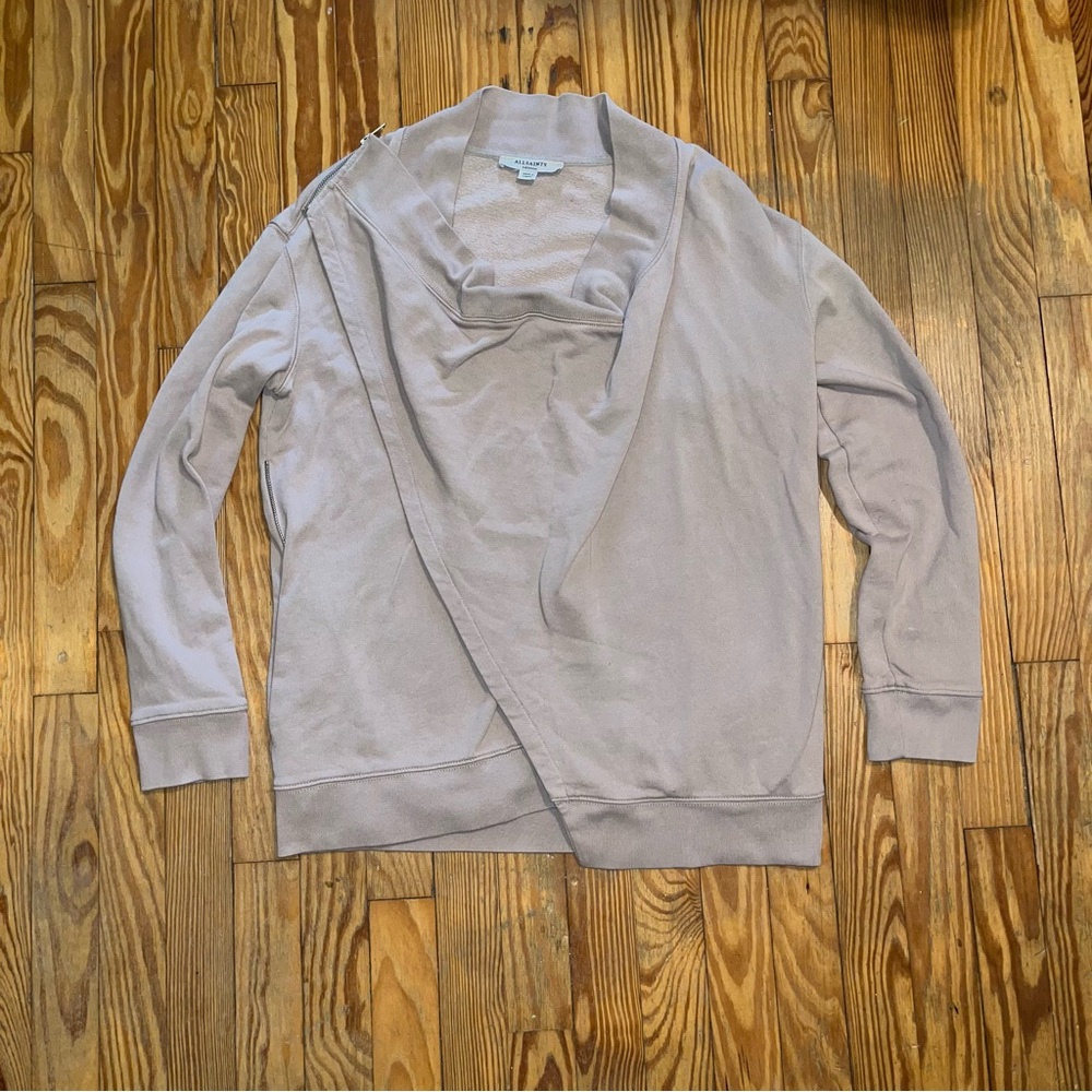 AllSaints Taupe Asymmetrical Zip Up Drina Drape Jacket